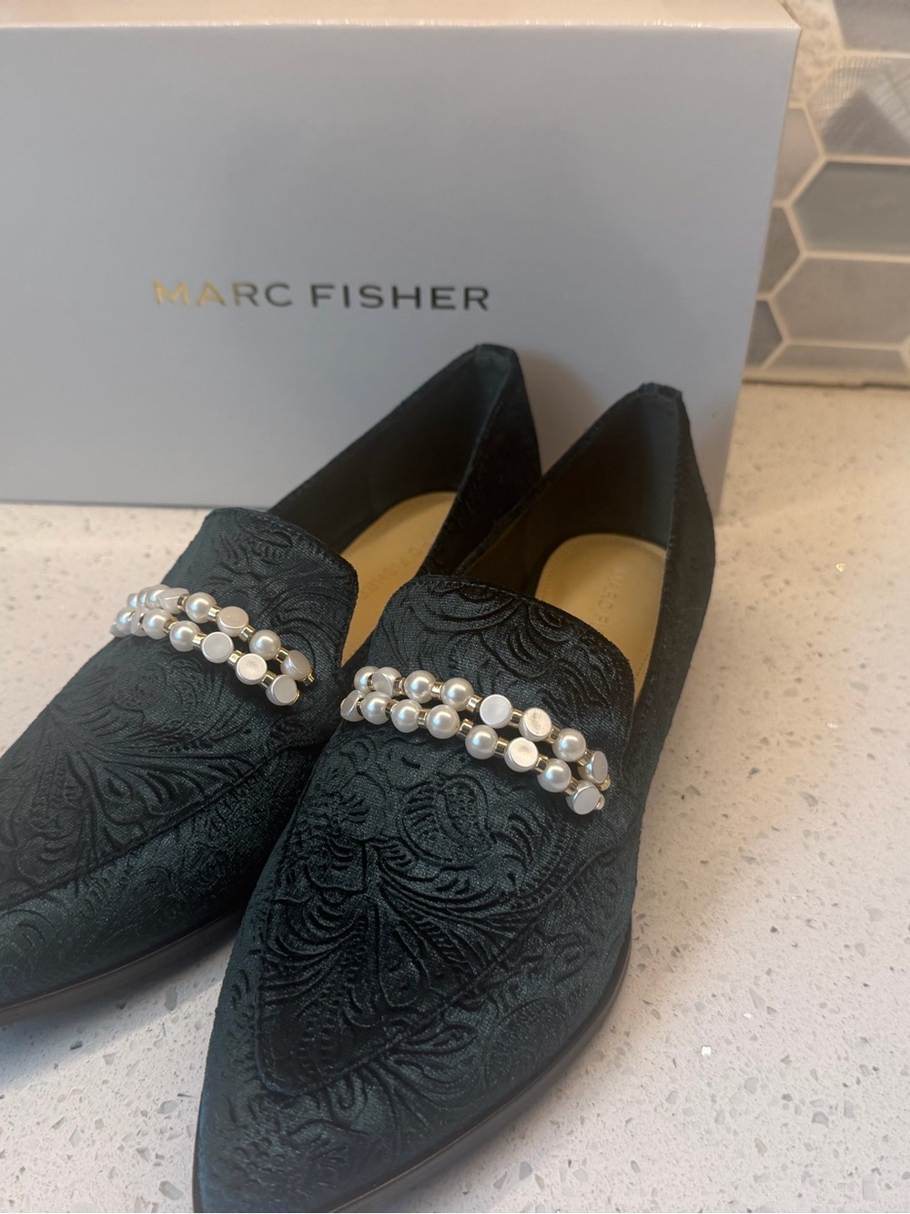 NWT Marc Fisher Green Brocade Pearl-Trimmed Loafers